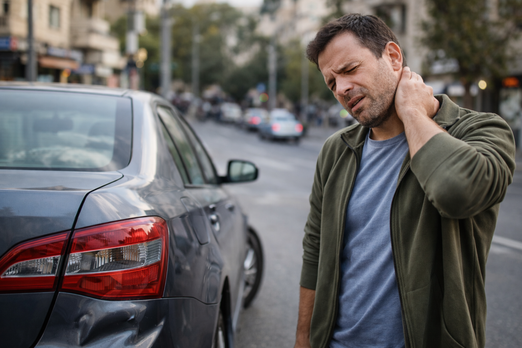 גבר אחרי תאונת פח בפח עם כאב בגוף