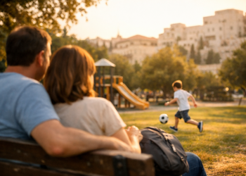 ילד משחק כדורגל וההורים דואגים לו