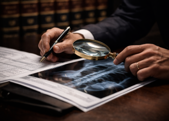 עורך דין לרשלנות רפואית בודק מסמכים רפואיים של עמוד שדרה עם זכוכית מגדלת